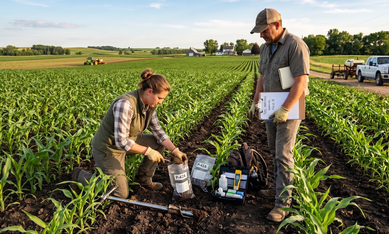 Agricultural soil pH testing — dolomite application corrects acidity and improves crop yield