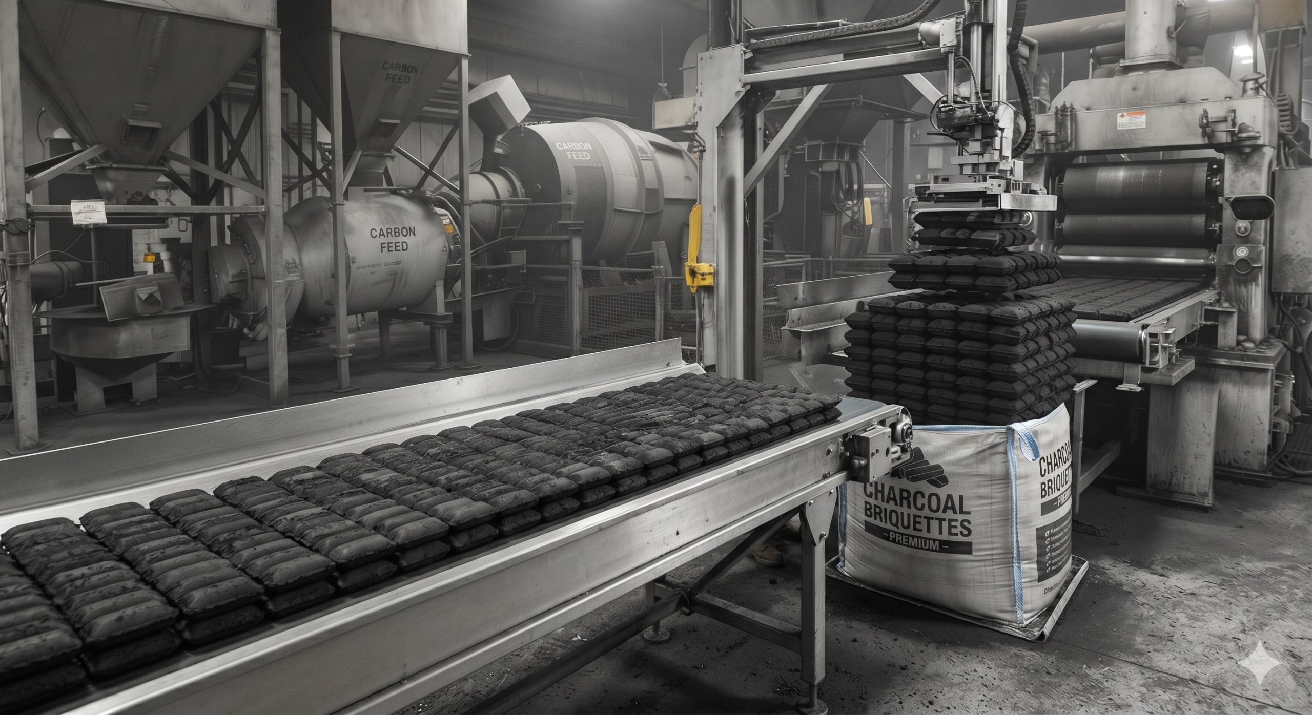 Coconut shell charcoal briquettes — industrial fuel for restaurants, hotels, and BBQ applications